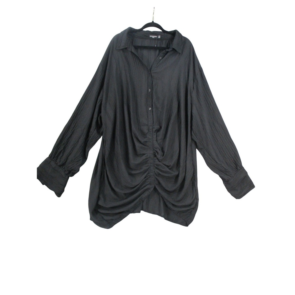 PrettyLittleThing Plus Black Ruched Front Textured Button Down Shirt Size 20